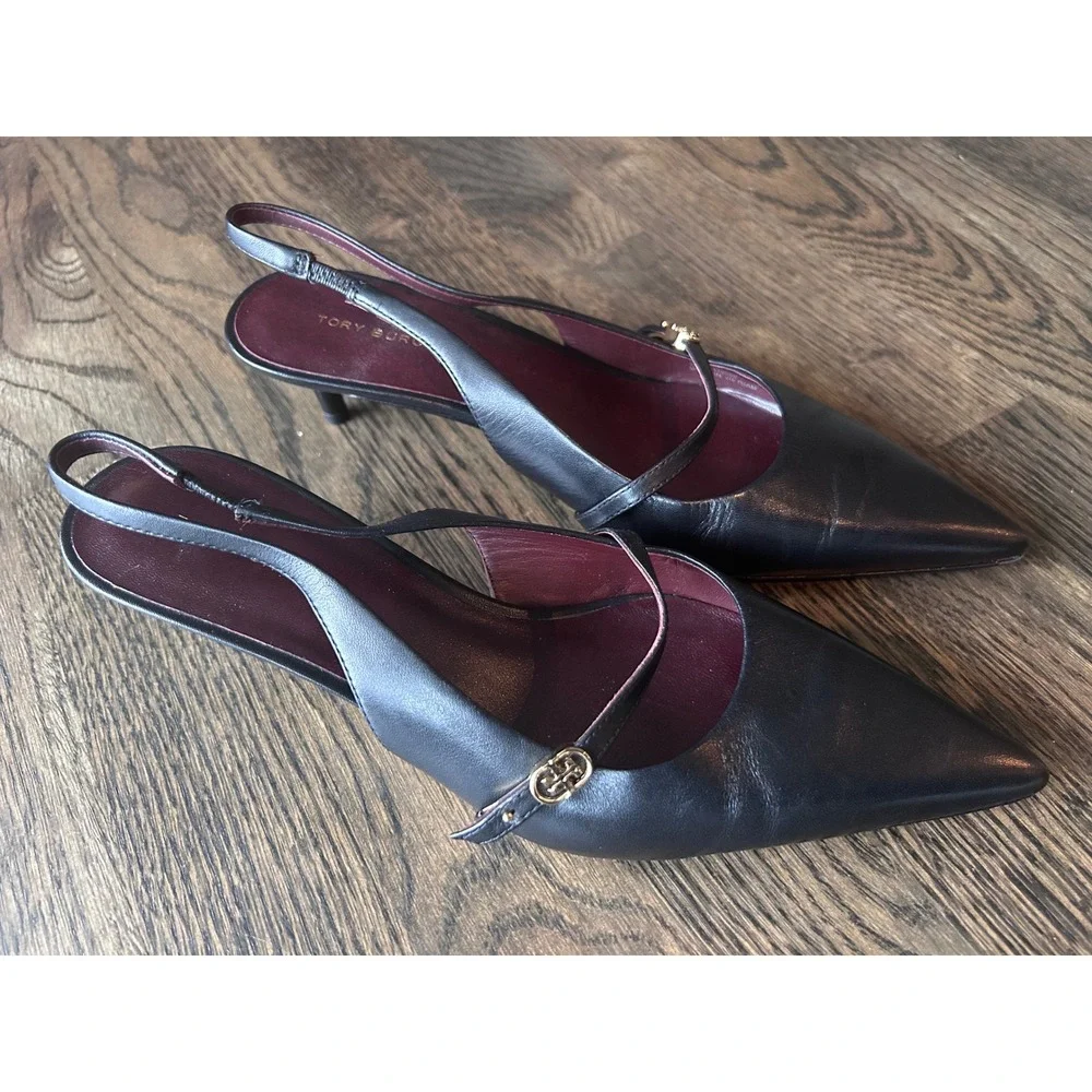 Tory Burch Black Leather Slingback Kitten Heel Pointed Toe Pump Logo 6.5M 8913